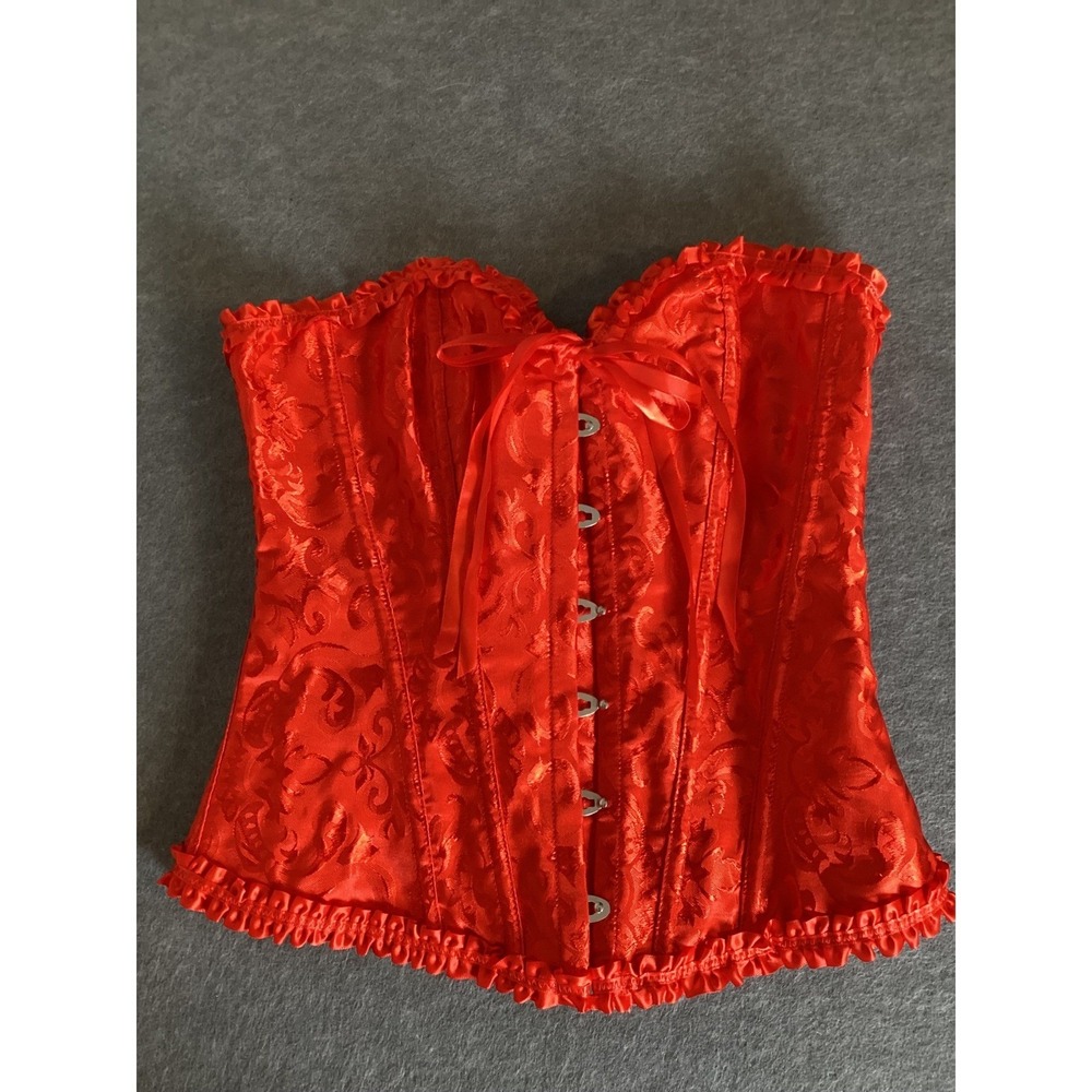 Renfair Coquette Festival Goth Damask Floral Corset Sm Red Lace Up Ruffle Trim
